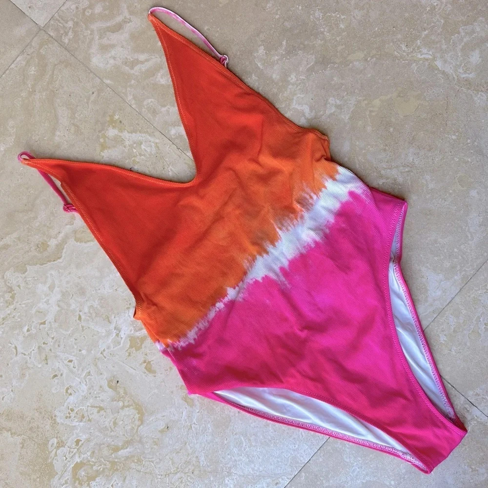 NWOT Tie Dye One Piece Orange Pink and White SwimSuit
